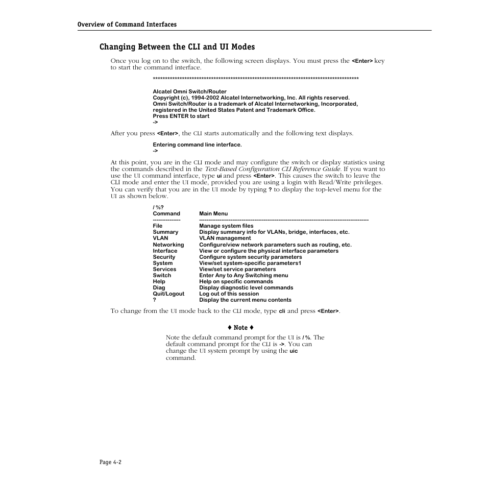 Changing between the cli and ui modes, Changing between the cli and ui modes -2 | Alcatel Carrier Internetworking Solutions Omni Switch/Router User Manual | Page 112 / 1100