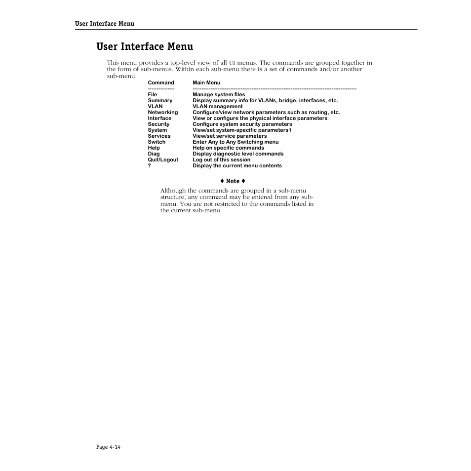 User interface menu, User interface menu -14 | Alcatel Carrier Internetworking Solutions Omni Switch/Router User Manual | Page 124 / 1100