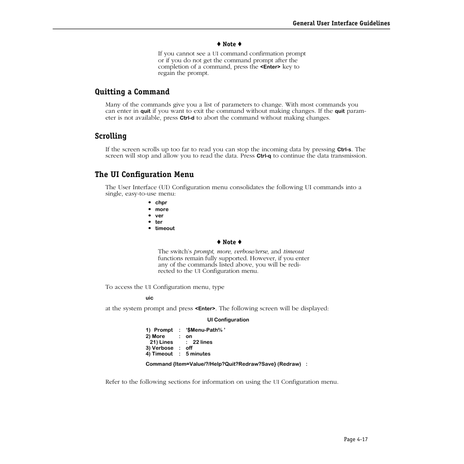 Quitting a command, Scrolling, The ui configuration menu | Alcatel Carrier Internetworking Solutions Omni Switch/Router User Manual | Page 127 / 1100