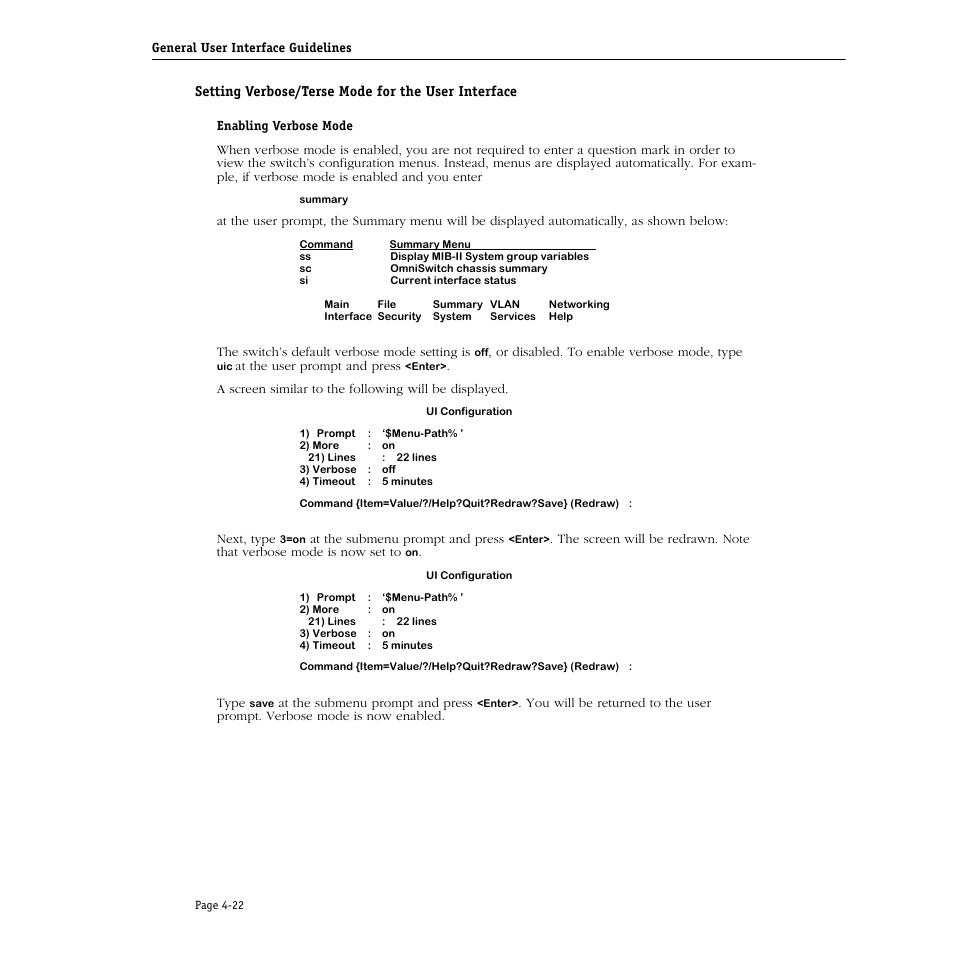 Setting verbose/terse mode for the user interface | Alcatel Carrier Internetworking Solutions Omni Switch/Router User Manual | Page 132 / 1100