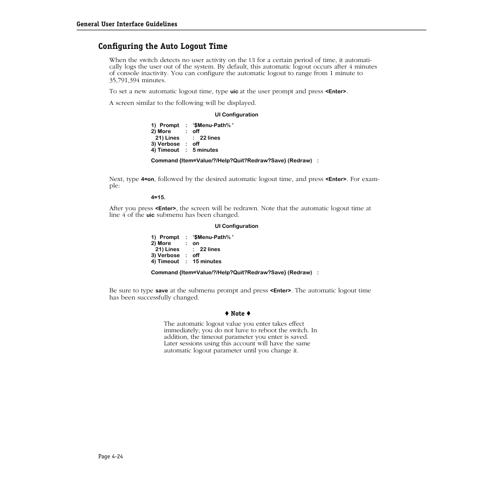 Configuring the auto logout time, Configuring the auto logout time -24 | Alcatel Carrier Internetworking Solutions Omni Switch/Router User Manual | Page 134 / 1100