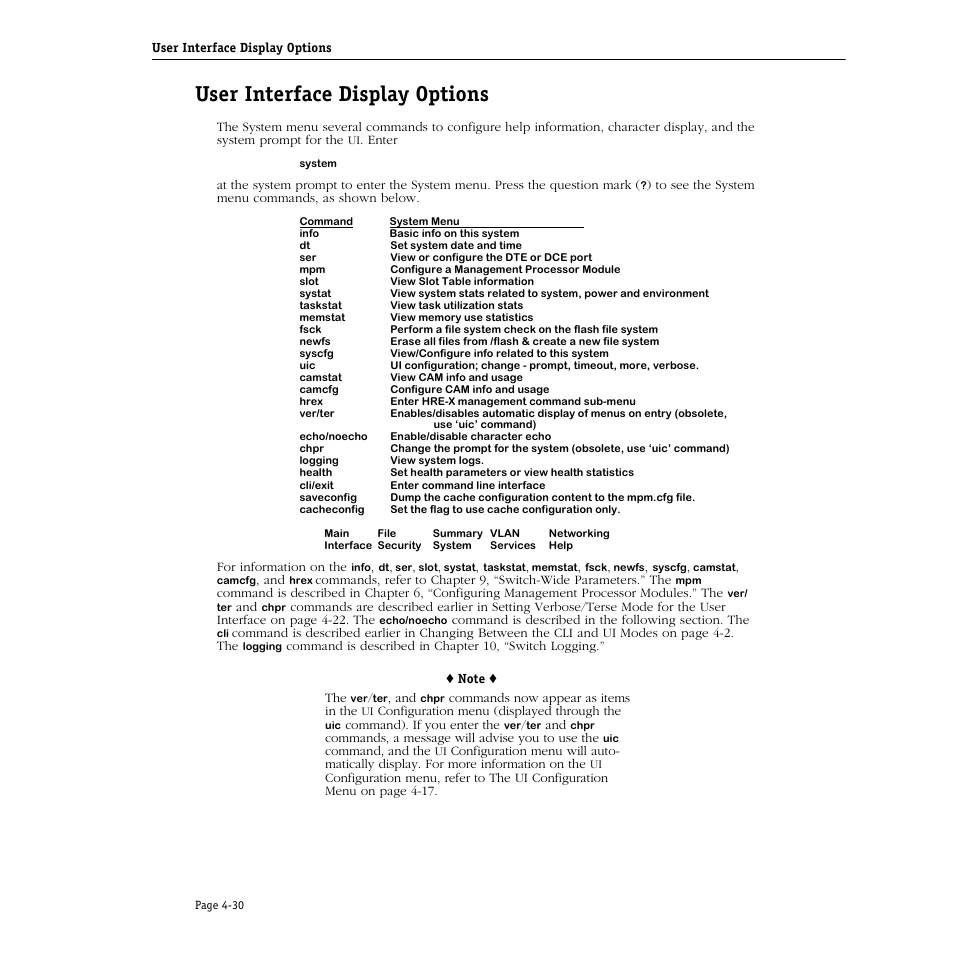 User interface display options, User interface display options -30 | Alcatel Carrier Internetworking Solutions Omni Switch/Router User Manual | Page 140 / 1100