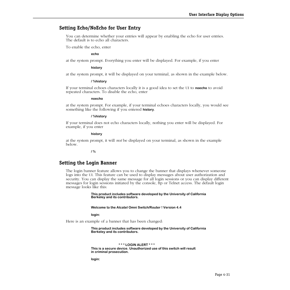 Setting echo/noecho for user entry, Setting the login banner | Alcatel Carrier Internetworking Solutions Omni Switch/Router User Manual | Page 141 / 1100