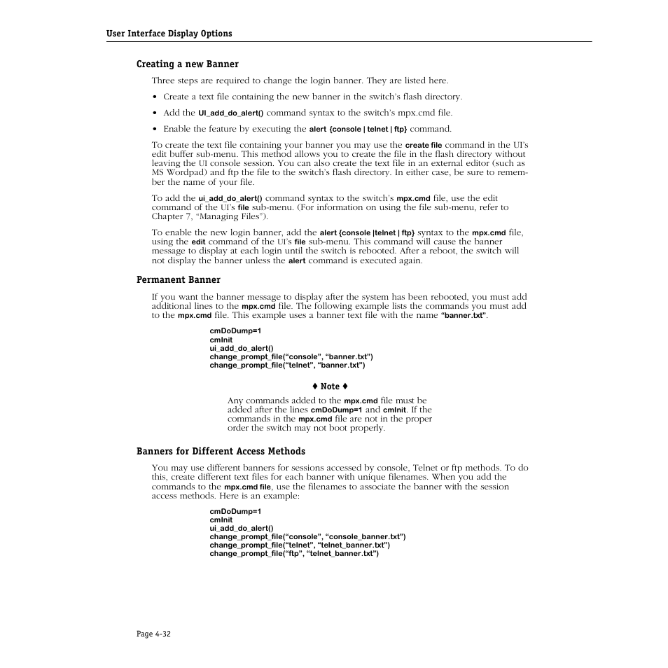 Creating a new banner, Permanent banner, Banners for different access methods | Alcatel Carrier Internetworking Solutions Omni Switch/Router User Manual | Page 142 / 1100