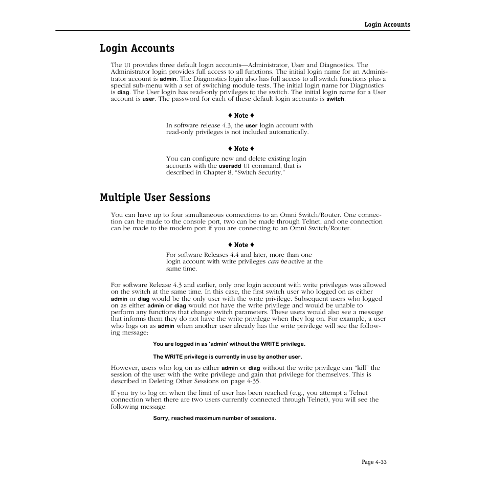 Login accounts, Multiple user sessions, Login accounts -33 | Multiple user sessions -33 | Alcatel Carrier Internetworking Solutions Omni Switch/Router User Manual | Page 143 / 1100