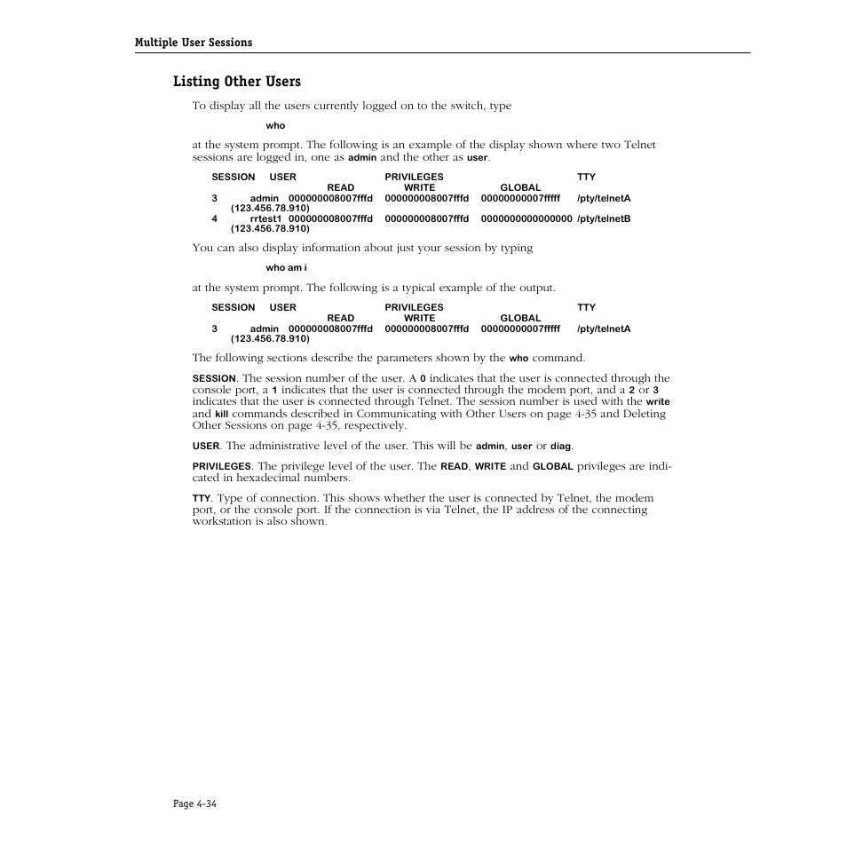 Listing other users, Listing other users -34 | Alcatel Carrier Internetworking Solutions Omni Switch/Router User Manual | Page 144 / 1100