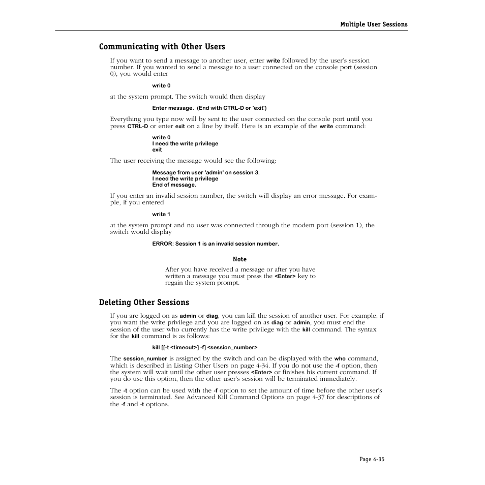 Communicating with other users, Deleting other sessions | Alcatel Carrier Internetworking Solutions Omni Switch/Router User Manual | Page 145 / 1100