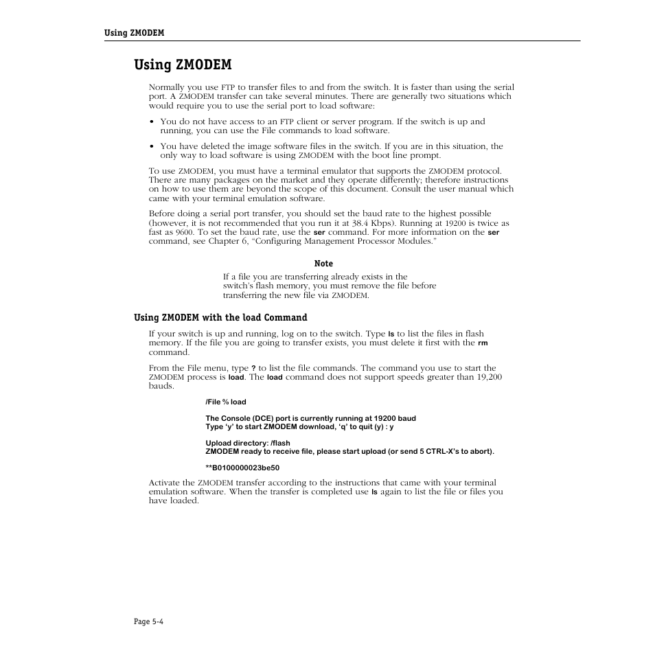 Using zmodem, Using zmodem with the load command, Using zmodem -4 | Using zmodem with the load command -4 | Alcatel Carrier Internetworking Solutions Omni Switch/Router User Manual | Page 160 / 1100