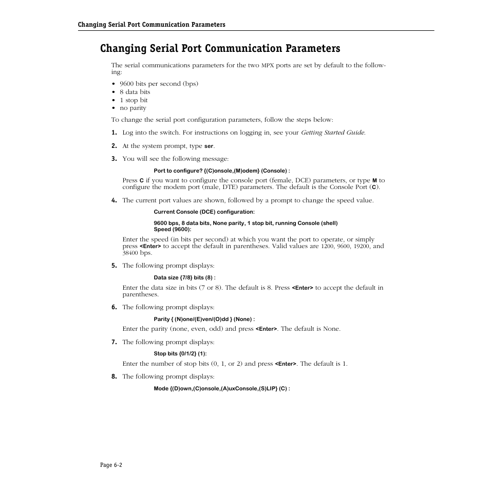 Changing serial port communication parameters, Changing serial port communication parameters -2 | Alcatel Carrier Internetworking Solutions Omni Switch/Router User Manual | Page 166 / 1100