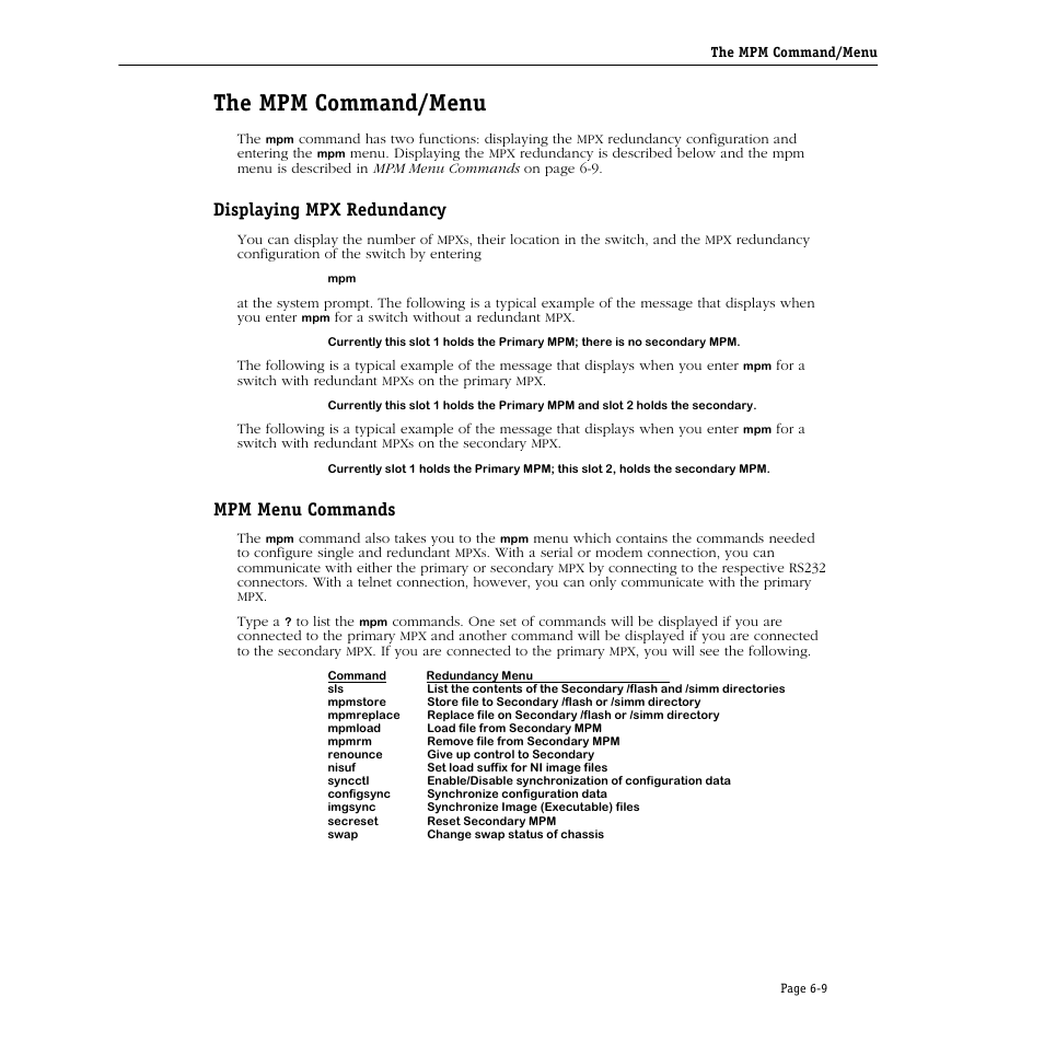 The mpm command/menu, Displaying mpx redundancy, Mpm menu commands | The mpm command/menu -9, Displaying mpx redundancy -9 mpm menu commands -9 | Alcatel Carrier Internetworking Solutions Omni Switch/Router User Manual | Page 173 / 1100