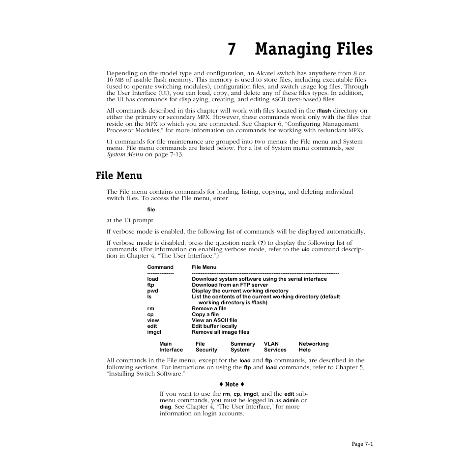 Managing files, File menu, 7 managing files | File menu -1, 7managing files | Alcatel Carrier Internetworking Solutions Omni Switch/Router User Manual | Page 187 / 1100