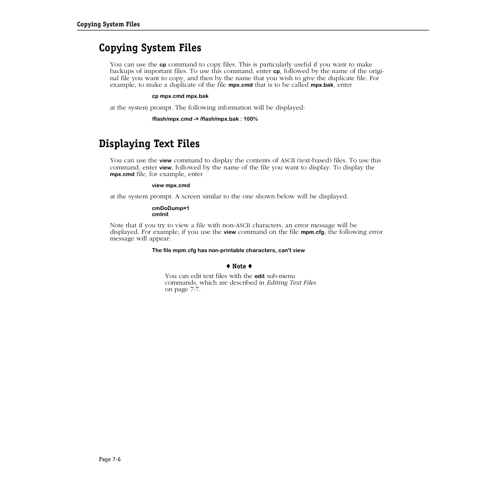 Copying system files, Displaying text files, Copying system files -6 | Displaying text files -6 | Alcatel Carrier Internetworking Solutions Omni Switch/Router User Manual | Page 192 / 1100