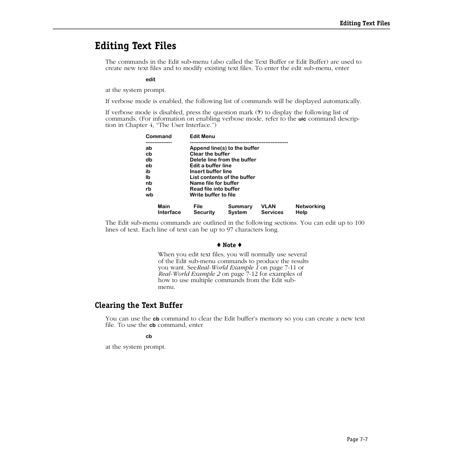 Editing text files, Clearing the text buffer, Editing text files -7 | Clearing the text buffer -7 | Alcatel Carrier Internetworking Solutions Omni Switch/Router User Manual | Page 193 / 1100