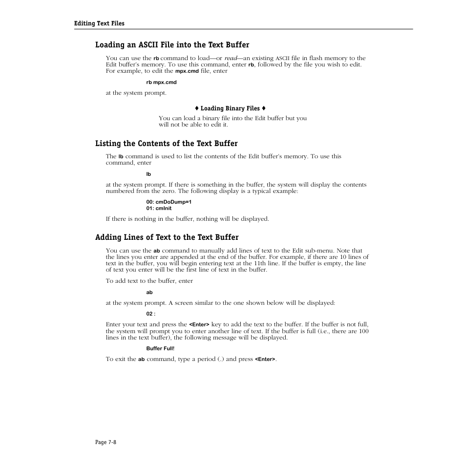 Loading an ascii file into the text buffer, Listing the contents of the text buffer, Adding lines of text to the text buffer | Alcatel Carrier Internetworking Solutions Omni Switch/Router User Manual | Page 194 / 1100