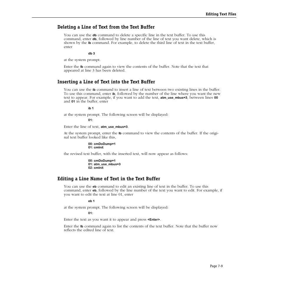 Deleting a line of text from the text buffer, Inserting a line of text into the text buffer, Editing a line name of text in the text buffer | Alcatel Carrier Internetworking Solutions Omni Switch/Router User Manual | Page 195 / 1100