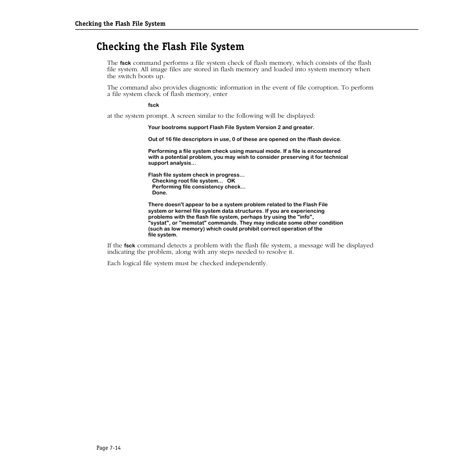 Checking the flash file system, Checking the flash file system -14 | Alcatel Carrier Internetworking Solutions Omni Switch/Router User Manual | Page 200 / 1100