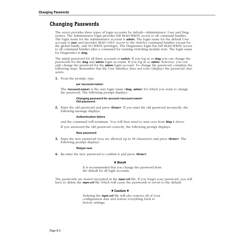 Changing passwords, Changing passwords -2 | Alcatel Carrier Internetworking Solutions Omni Switch/Router User Manual | Page 204 / 1100