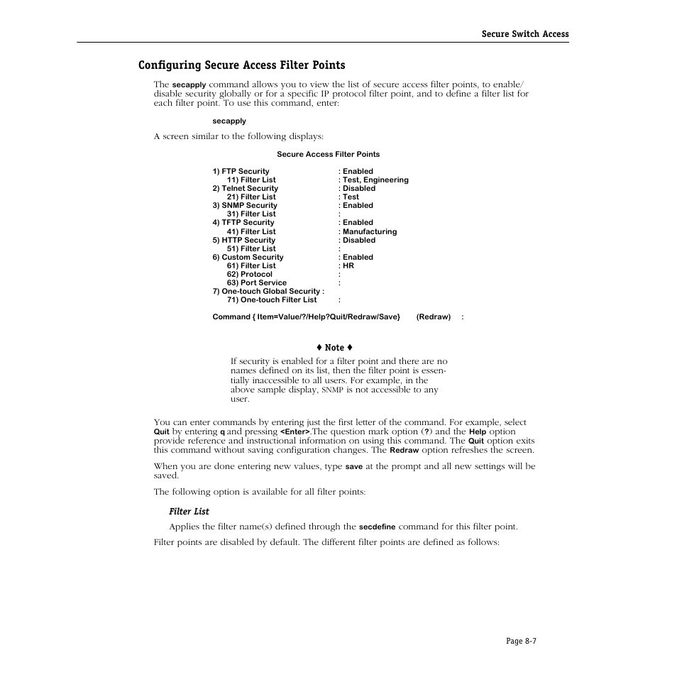 Configuring secure access filter points, Configuring secure access filter points -7 | Alcatel Carrier Internetworking Solutions Omni Switch/Router User Manual | Page 209 / 1100
