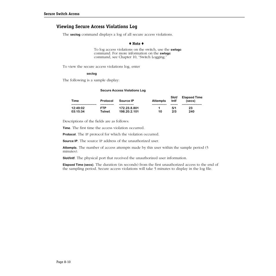 Viewing secure access violations log, Viewing secure access violations log -10 | Alcatel Carrier Internetworking Solutions Omni Switch/Router User Manual | Page 212 / 1100