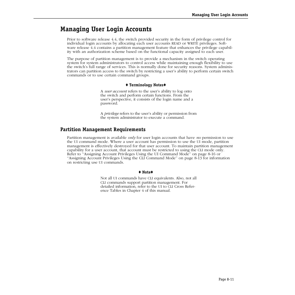 Managing user login accounts, Partition management requirements, Managing user login accounts -11 | Partition management requirements -11 | Alcatel Carrier Internetworking Solutions Omni Switch/Router User Manual | Page 213 / 1100