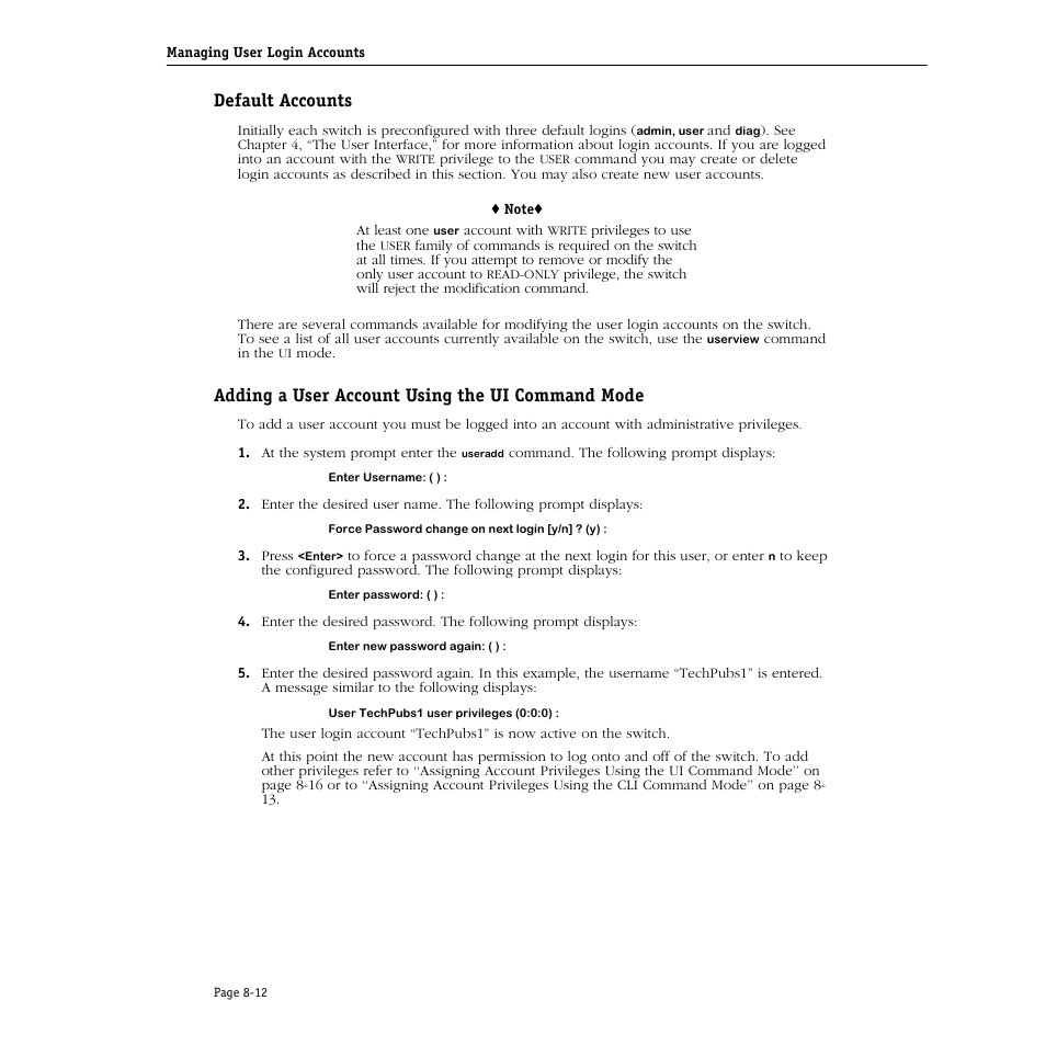 Default accounts, Adding a user account using the ui command mode | Alcatel Carrier Internetworking Solutions Omni Switch/Router User Manual | Page 214 / 1100