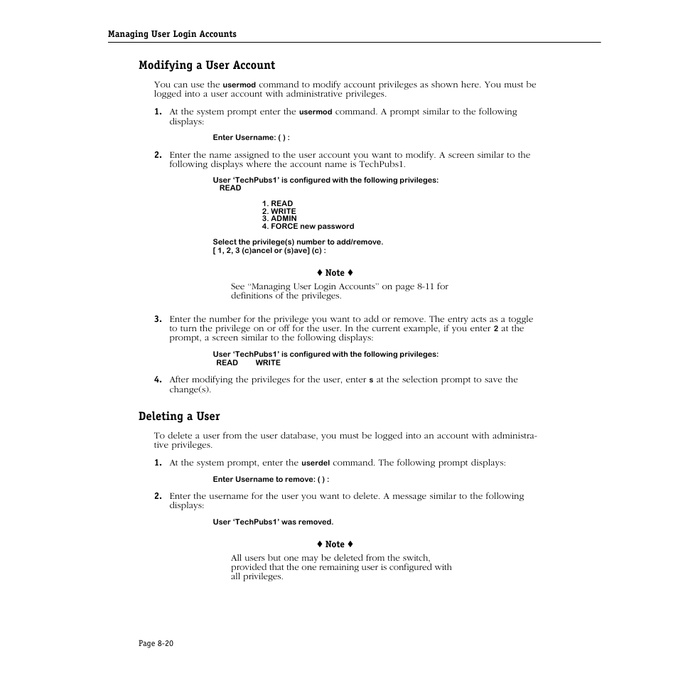 Modifying a user account, Deleting a user, Modifying a user account -20 deleting a user -20 | Alcatel Carrier Internetworking Solutions Omni Switch/Router User Manual | Page 222 / 1100