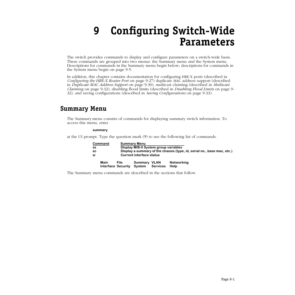 Configuring switch-wide parameters, Summary menu, 9 configuring switch-wide parameters | Summary menu -1, 9configuring switch-wide parameters | Alcatel Carrier Internetworking Solutions Omni Switch/Router User Manual | Page 223 / 1100