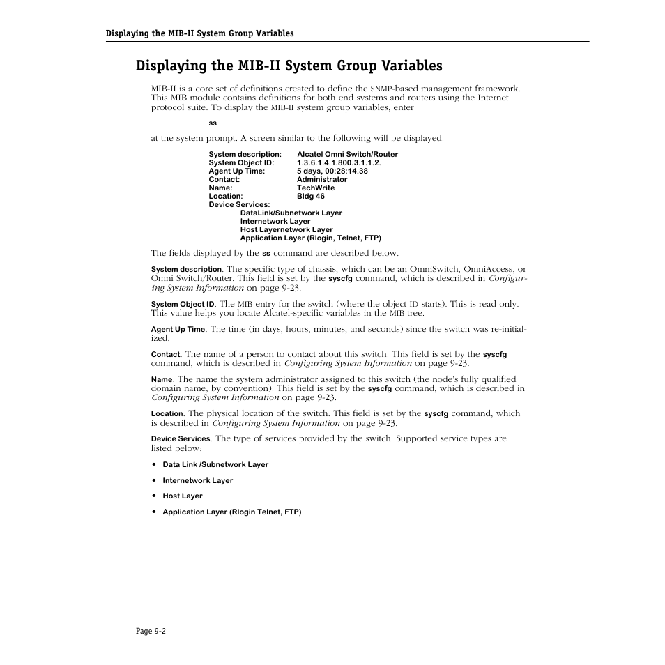 Displaying the mib-ii system group variables, Displaying the mib-ii system group variables -2 | Alcatel Carrier Internetworking Solutions Omni Switch/Router User Manual | Page 224 / 1100