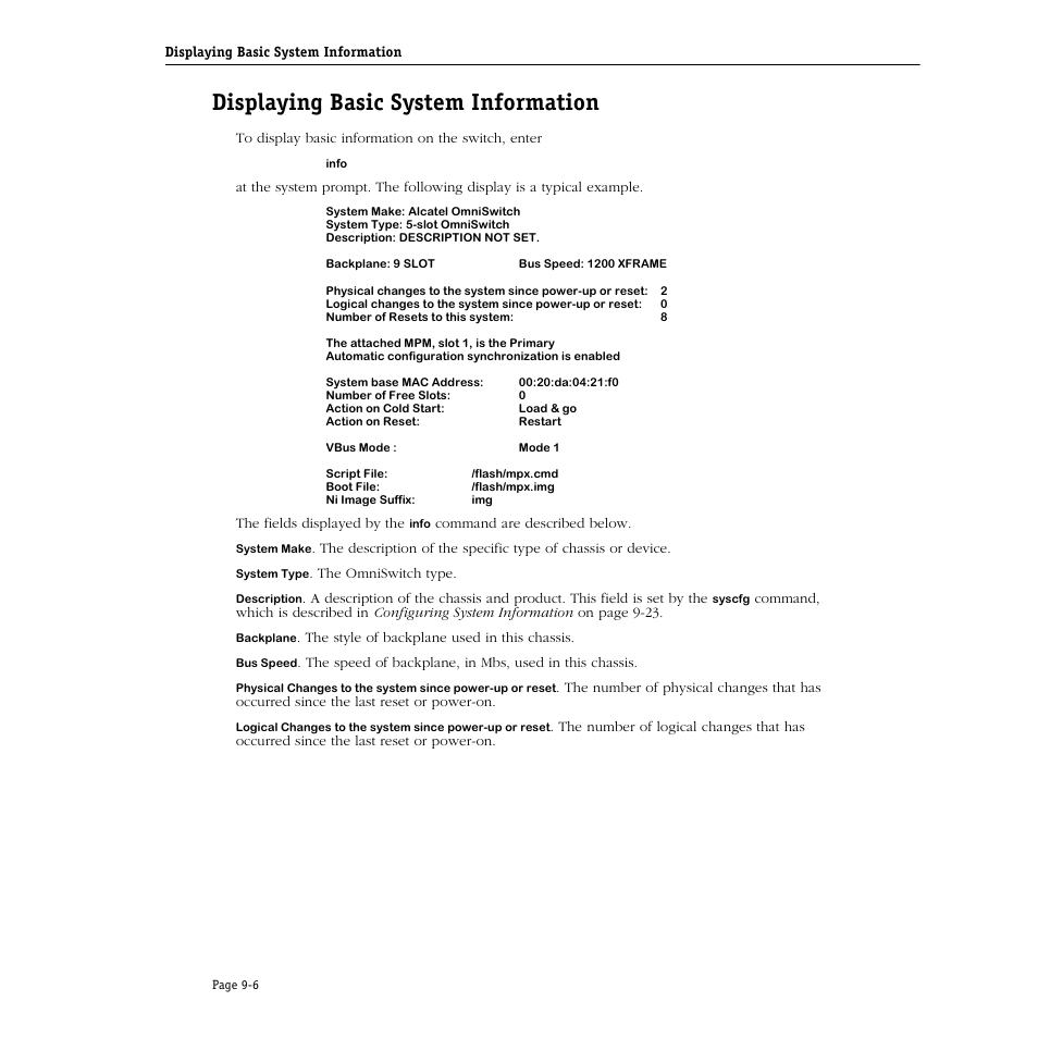 Displaying basic system information, Displaying basic system information -6 | Alcatel Carrier Internetworking Solutions Omni Switch/Router User Manual | Page 228 / 1100