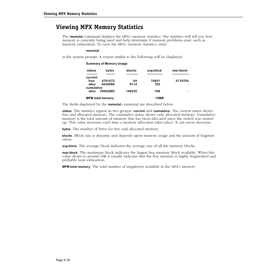 Viewing mpx memory statistics, Viewing mpx memory statistics -20 | Alcatel Carrier Internetworking Solutions Omni Switch/Router User Manual | Page 242 / 1100