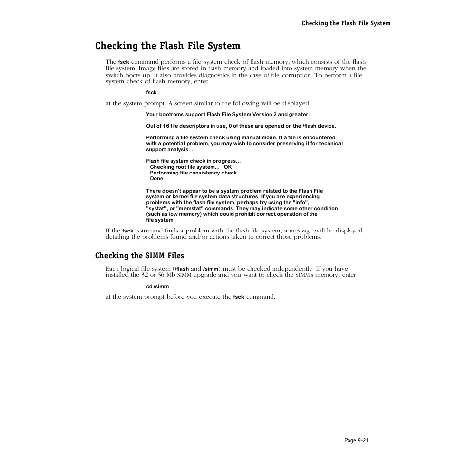 Checking the flash file system, Checking the simm files, Checking the flash file system -21 | Checking the simm files -21 | Alcatel Carrier Internetworking Solutions Omni Switch/Router User Manual | Page 243 / 1100