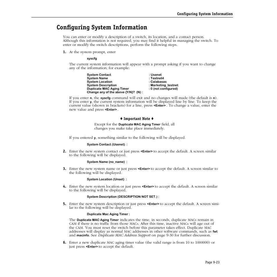 Configuring system information, Configuring system information -23, Configur | Alcatel Carrier Internetworking Solutions Omni Switch/Router User Manual | Page 245 / 1100