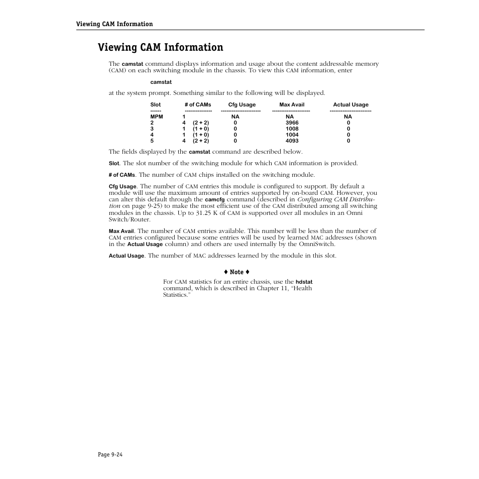 Viewing cam information, Viewing cam information -24 | Alcatel Carrier Internetworking Solutions Omni Switch/Router User Manual | Page 246 / 1100