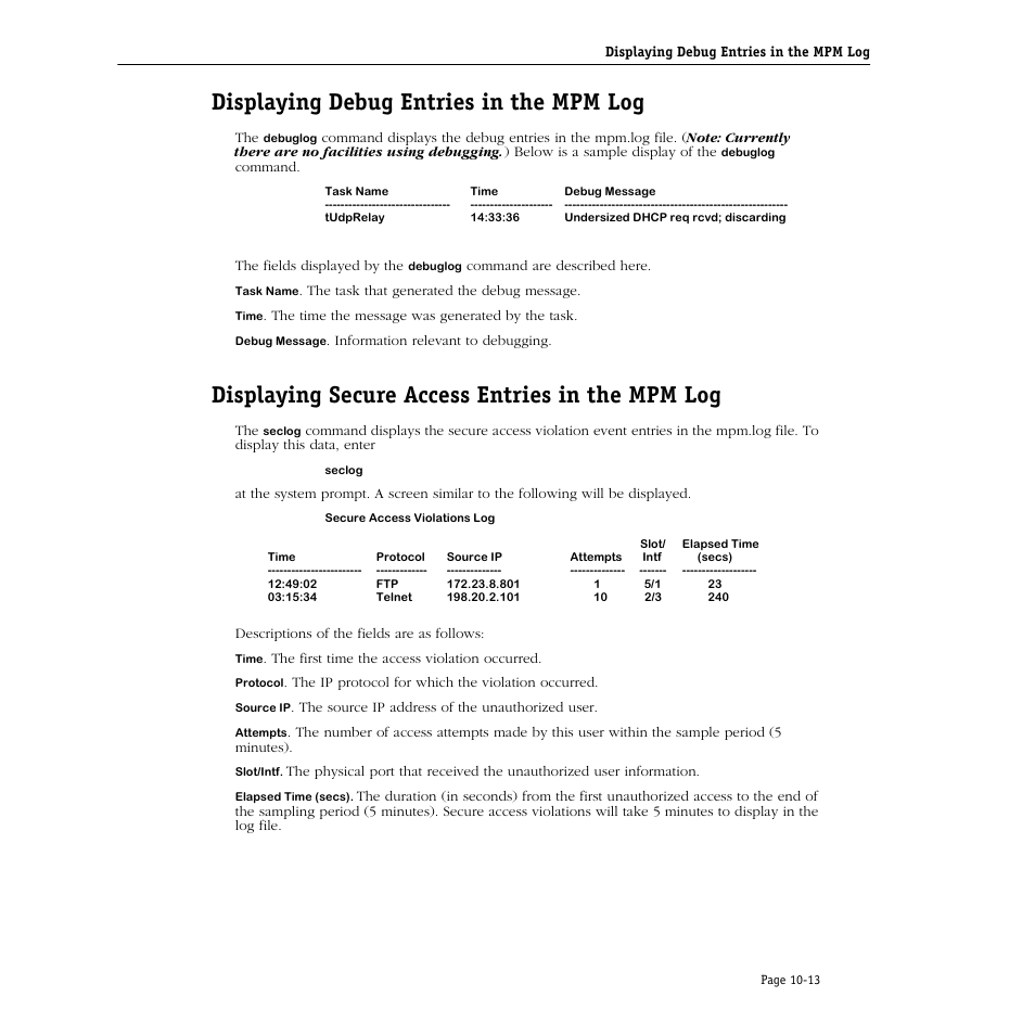 Displaying debug entries in the mpm log, Displaying secure access entries in the mpm log, Displaying debug entries in the mpm log -13 | Alcatel Carrier Internetworking Solutions Omni Switch/Router User Manual | Page 269 / 1100