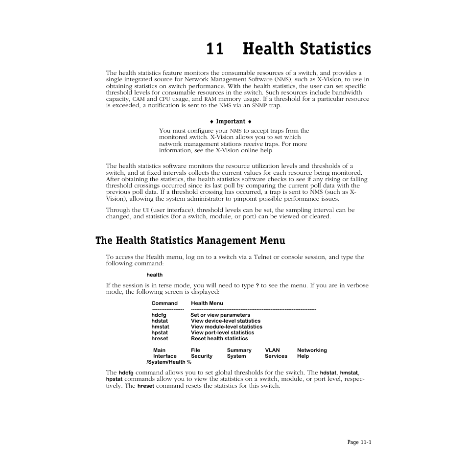 Health statistics, The health statistics management menu, 11 health statistics | The health statistics management menu -1 | Alcatel Carrier Internetworking Solutions Omni Switch/Router User Manual | Page 271 / 1100