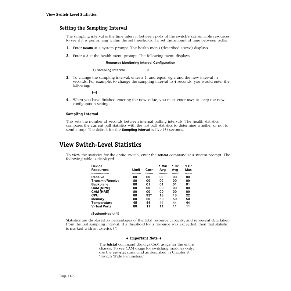 Setting the sampling interval, View switch-level statistics, Setting the sampling interval -6 | View switch-level statistics -6 | Alcatel Carrier Internetworking Solutions Omni Switch/Router User Manual | Page 276 / 1100