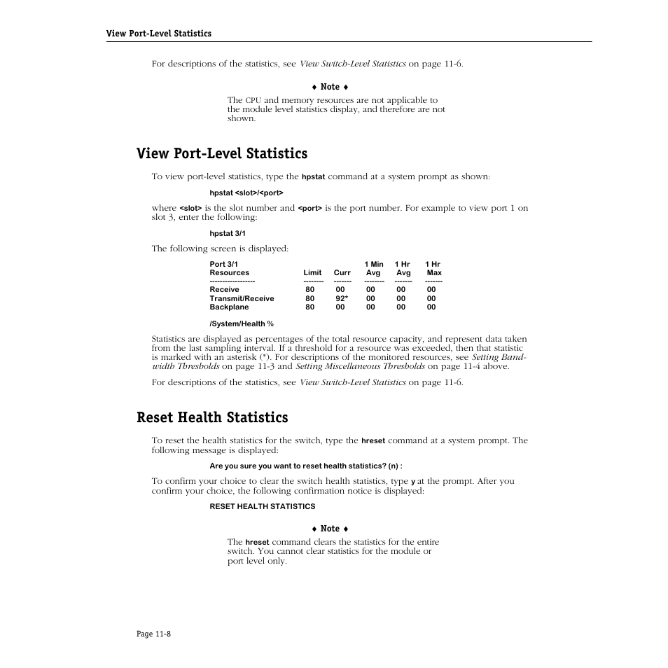 View port-level statistics, Reset health statistics, View port-level statistics -8 | Reset health statistics -8 | Alcatel Carrier Internetworking Solutions Omni Switch/Router User Manual | Page 278 / 1100