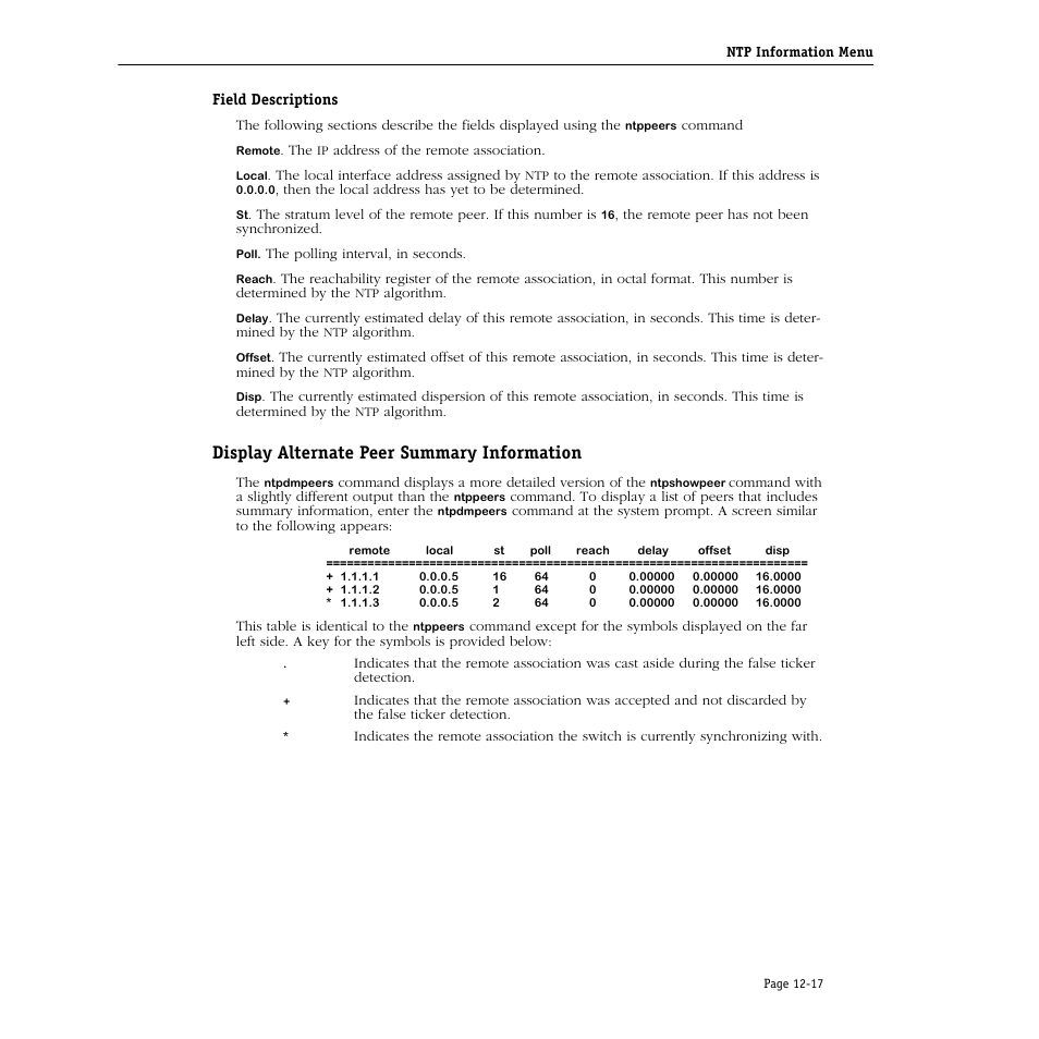 Field descriptions, Display alternate peer summary information, Display alternate peer summary information -17 | Alcatel Carrier Internetworking Solutions Omni Switch/Router User Manual | Page 295 / 1100