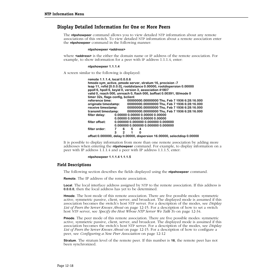 Display detailed information for one or more peers, Field descriptions | Alcatel Carrier Internetworking Solutions Omni Switch/Router User Manual | Page 296 / 1100