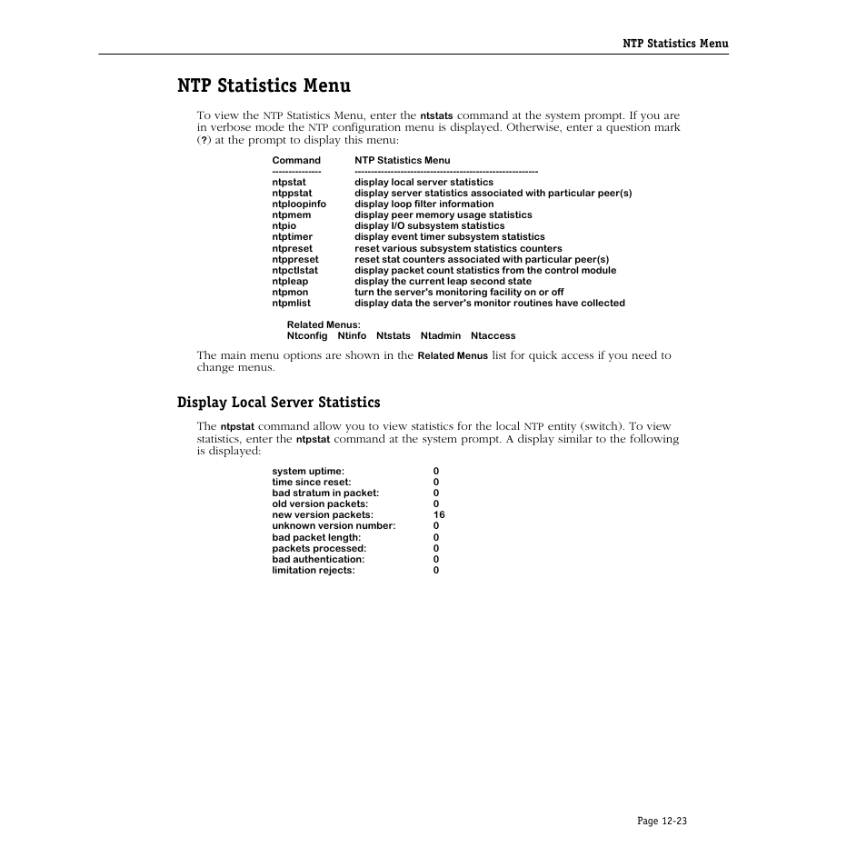 Ntp statistics menu, Display local server statistics, Ntp statistics menu -23 | Display local server statistics -23 | Alcatel Carrier Internetworking Solutions Omni Switch/Router User Manual | Page 301 / 1100