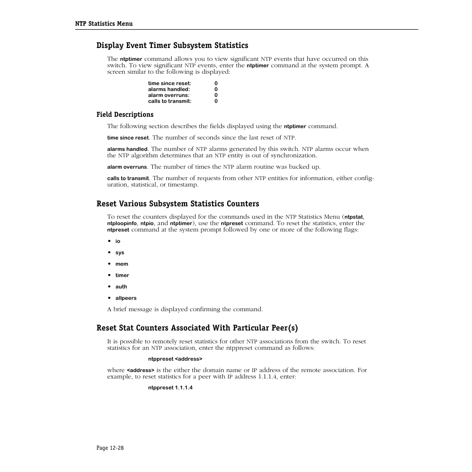 Display event timer subsystem statistics, Field descriptions, Reset various subsystem statistics counters | Alcatel Carrier Internetworking Solutions Omni Switch/Router User Manual | Page 306 / 1100