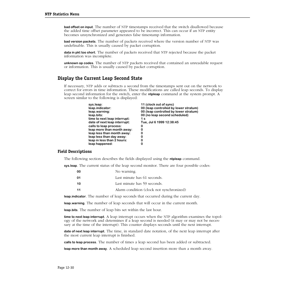 Display the current leap second state, Field descriptions, Display the current leap second state -30 | Alcatel Carrier Internetworking Solutions Omni Switch/Router User Manual | Page 308 / 1100