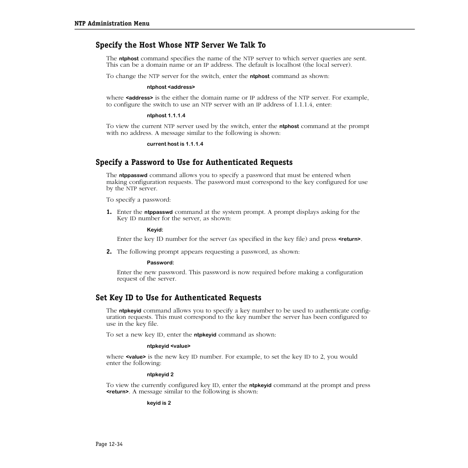 Specify the host whose ntp server we talk to, Set key id to use for authenticated requests | Alcatel Carrier Internetworking Solutions Omni Switch/Router User Manual | Page 312 / 1100