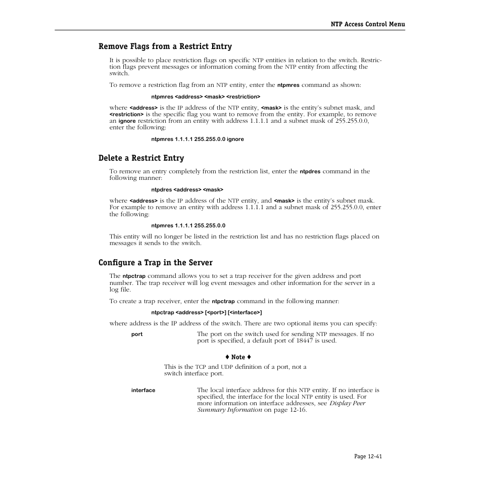 Remove flags from a restrict entry, Delete a restrict entry, Configure a trap in the server | Alcatel Carrier Internetworking Solutions Omni Switch/Router User Manual | Page 319 / 1100