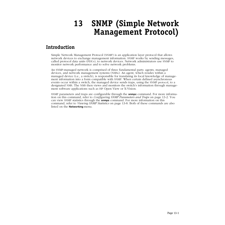 Snmp (simple network management protocol), Introduction, 13 snmp (simple network management protocol) | Introduction -1 | Alcatel Carrier Internetworking Solutions Omni Switch/Router User Manual | Page 321 / 1100