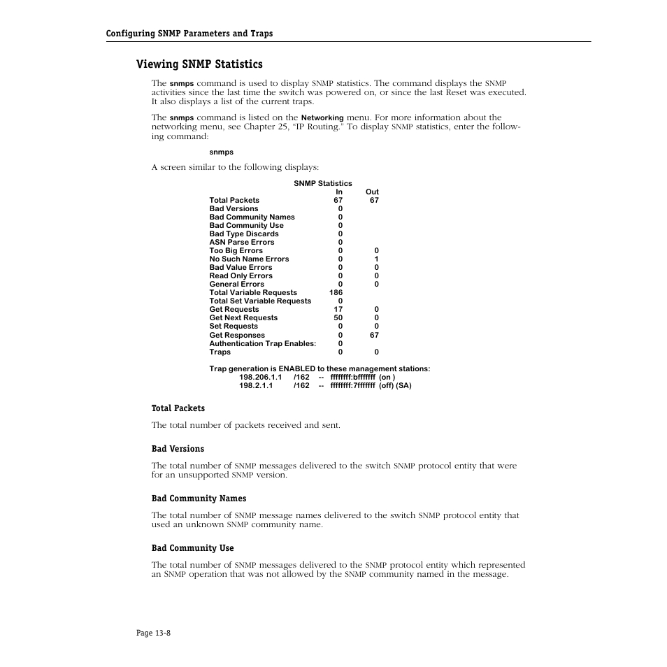 Viewing snmp statistics, Viewing snmp statistics -8 | Alcatel Carrier Internetworking Solutions Omni Switch/Router User Manual | Page 328 / 1100