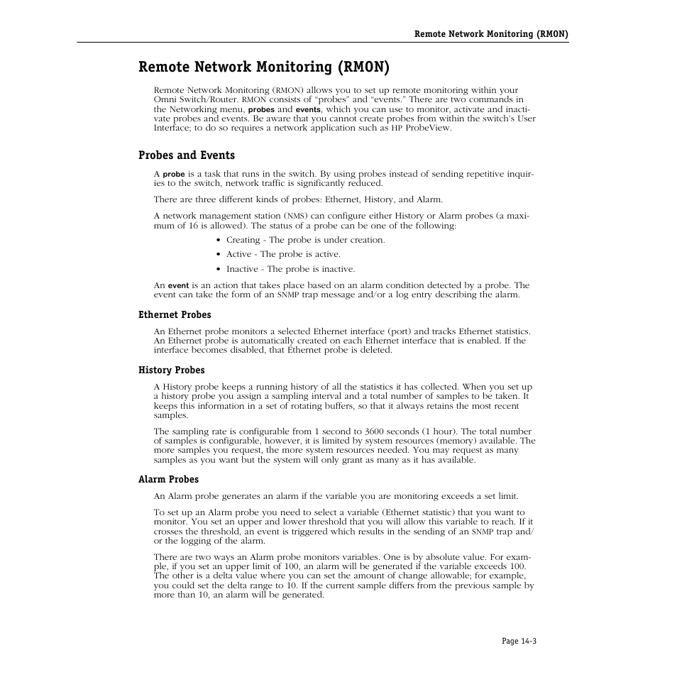 Remote network monitoring (rmon), Probes and events, Ethernet probes | History probes, Alarm probes, Remote network monitoring (rmon) -3, Probes and events -3 | Alcatel Carrier Internetworking Solutions Omni Switch/Router User Manual | Page 411 / 1100