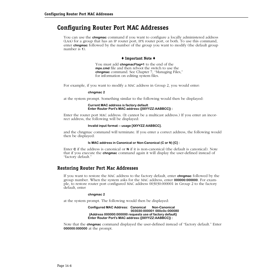 Configuring router port mac addresses, Restoring router port mac addresses, Configuring router port mac addresses -6 | Restoring router port mac addresses -6 | Alcatel Carrier Internetworking Solutions Omni Switch/Router User Manual | Page 414 / 1100