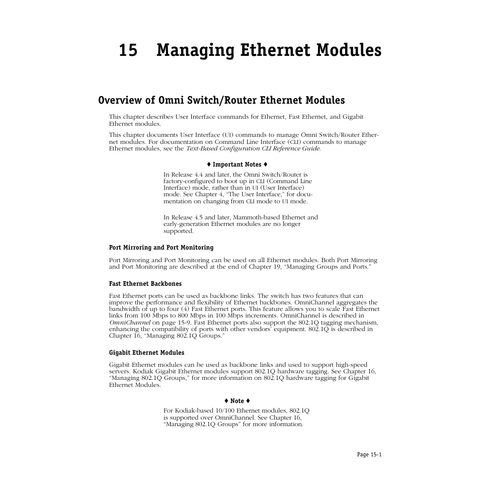 Managing ethernet modules, Overview of omni switch/router ethernet modules, 15 managing ethernet modules | Overview of omni switch/router ethernet modules -1 | Alcatel Carrier Internetworking Solutions Omni Switch/Router User Manual | Page 415 / 1100