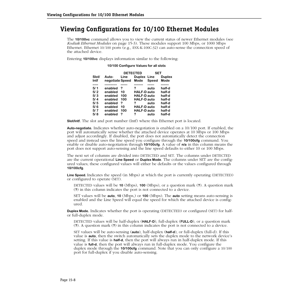 Viewing configurations for 10/100 ethernet modules | Alcatel Carrier Internetworking Solutions Omni Switch/Router User Manual | Page 422 / 1100